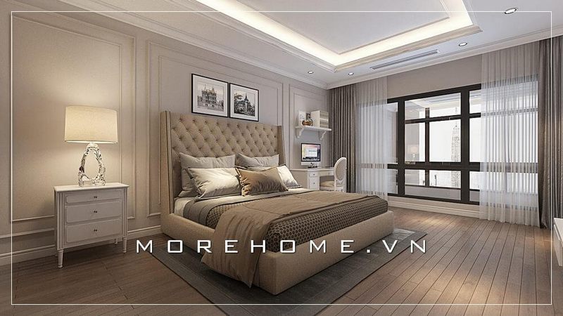 Mẫu giường ngủ bọc da hiện đại cao cấp với gam màu nhẹ nhàng tạo nên một không gian phòng ngủ thanh lịch và dễ chịu